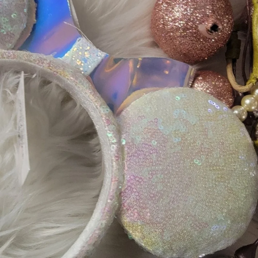 Minnie Ears White Bow Iridescent Glitter Sequins Disney Parks Rare Headband